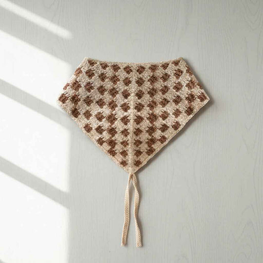 Handmade Crochet Check Headscarf in cream and mocha by Reve Fleur